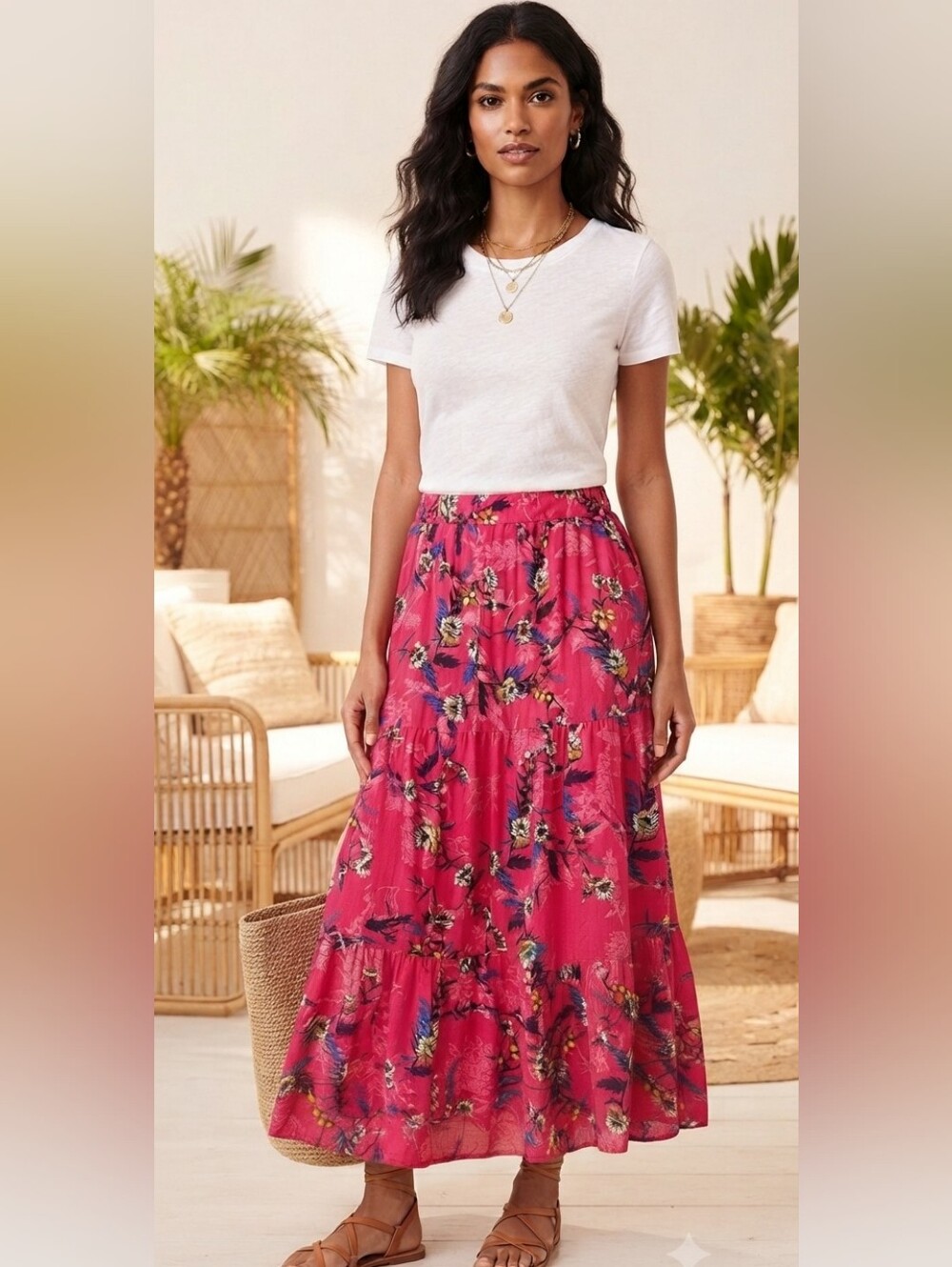 Jessica Simpson Floral Tiered Skirt Maxi Sz Large Pink
